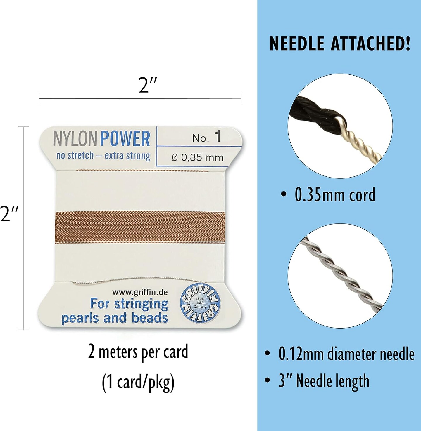 Griffin Nylon Bead Cord Perlseide – Size 1 (0.35mm) – 2 Meters per Card – Stainless Steel Needle Attached – for Knotting Pearls, Gemstones, Crystals and Beads
