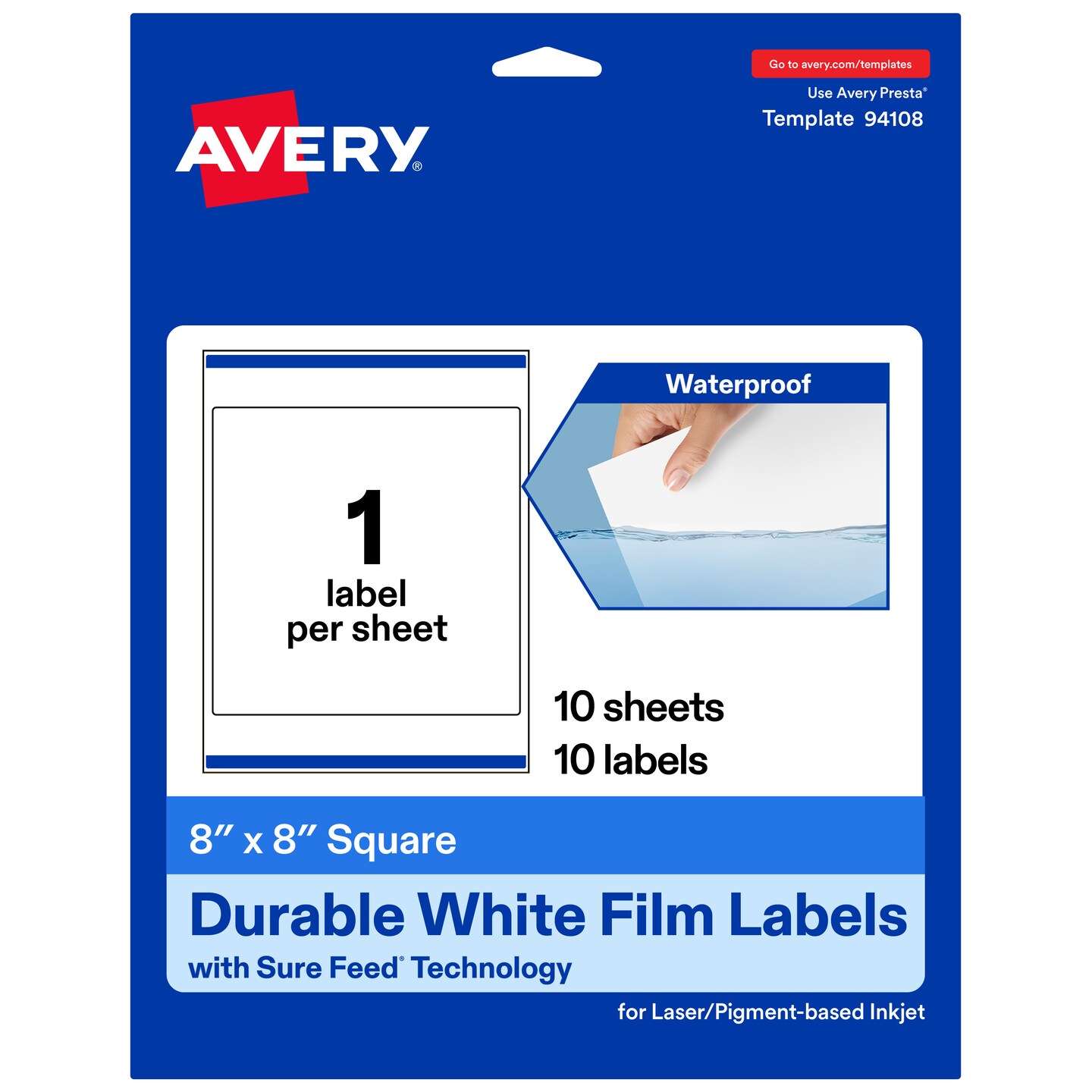 Avery Durable Waterproof Square Labels with Sure Feed, 8" x 8"