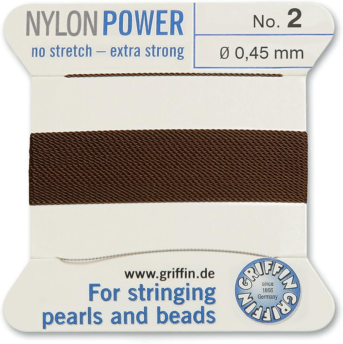 Griffin Nylon Bead Cord Perlseide – Size 2 (0.45mm) – 2 Meters per Card – Stainless Steel Needle Attached – for Knotting Pearls, Gemstones, Crystals and Beads