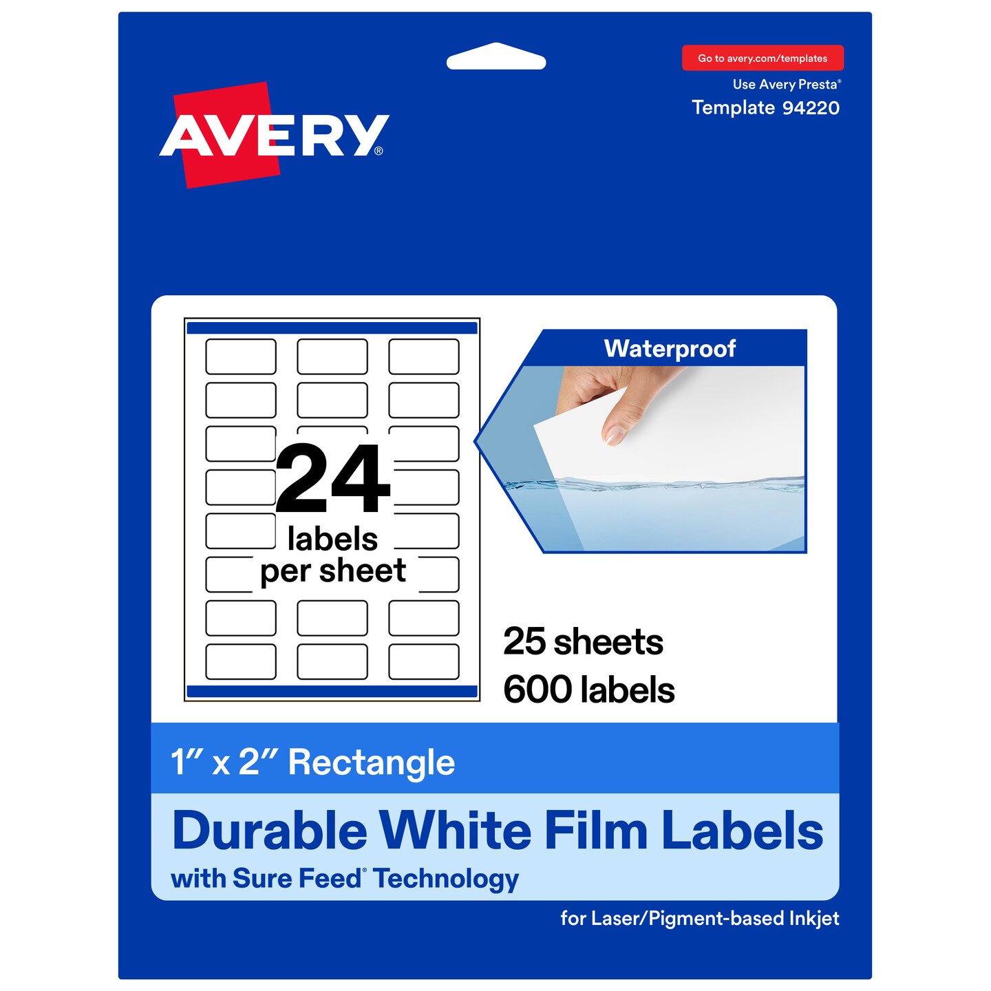 Avery Durable Waterproof Rectangle Labels with Sure Feed, 1" x 2"