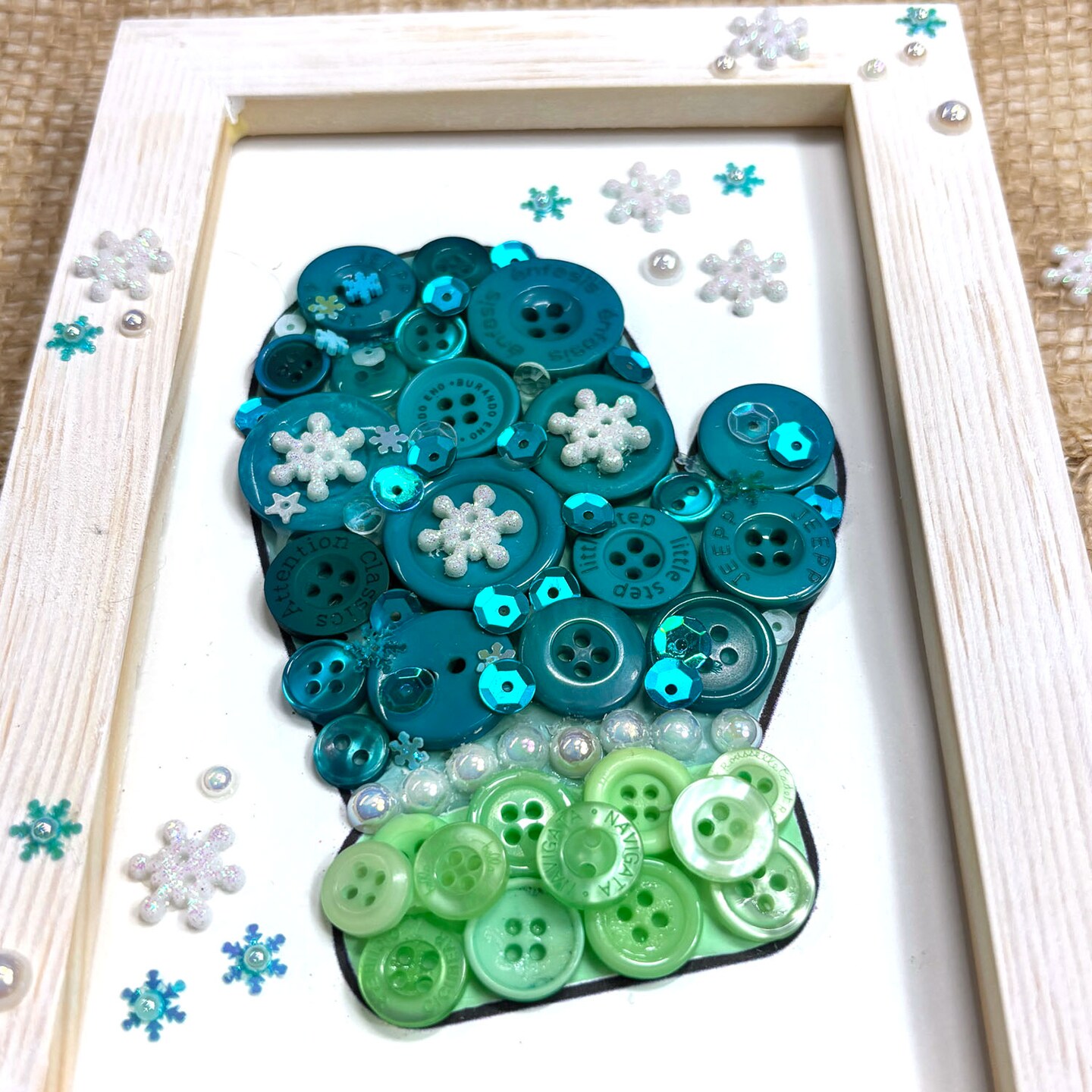 Buttons Galore &#x26; More DIY Button Art Frame Kit, Winter Mitten Design with Snowflakes, Wood Frame, Turquoise and Green Buttons, Wall Decor Craft Set, Ages 6+