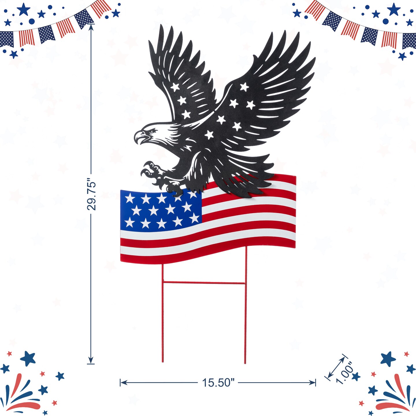 Set of 2 29.75"H Patriotic/ Americana Metal Eagle Silhouette & Flag Yard Stake (KD)