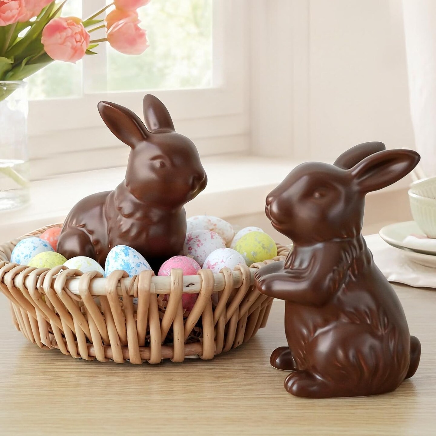 Easter Decorations – Set of 2 Chocolate Ceramic Bunny Figurines, Modern Easter Ornaments for Home, Elegant Table Centerpiece, Mantel, Living Room, Bedroom & Office Décor
