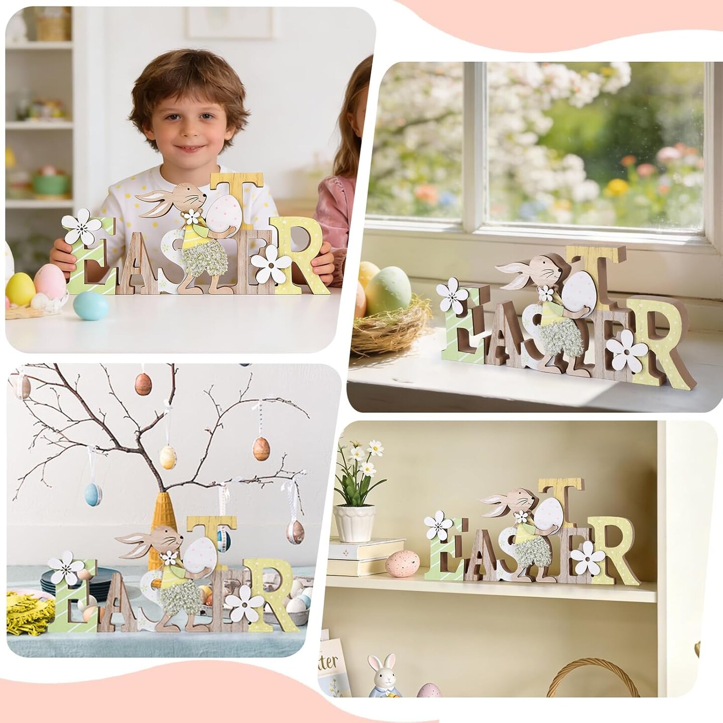 Easter Table Decorations – Wooden Bunny Block Signs for Tiered Tray, Happy Easter Tabletop Centerpiece, Rustic Wood Rabbit Décor for Kitchen, Home, Shelf & Office