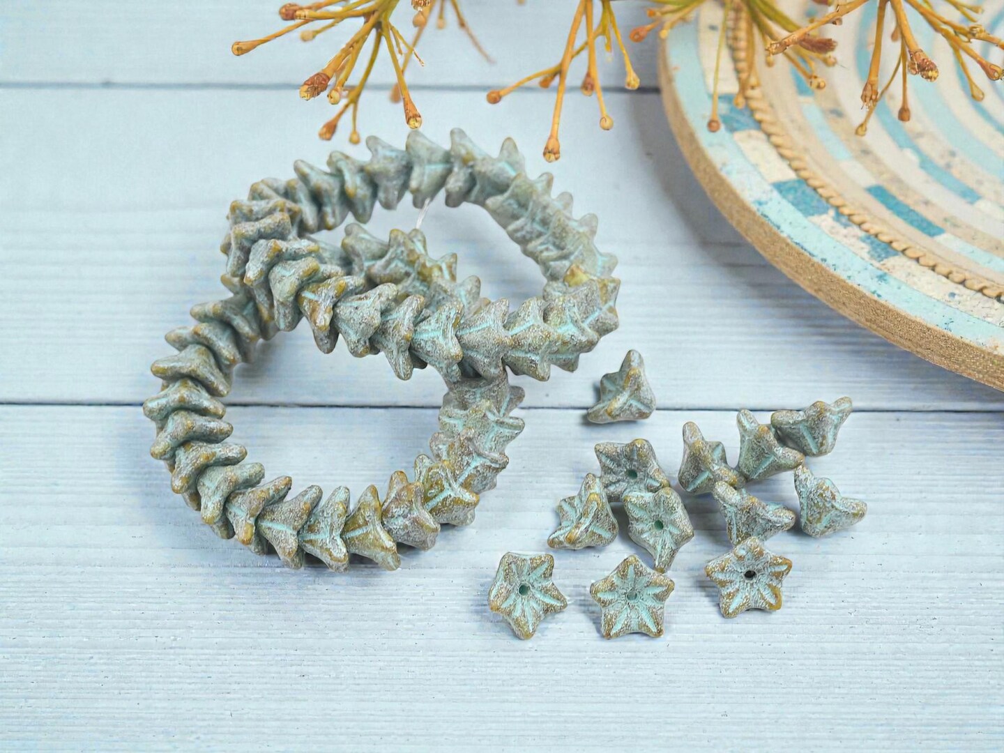 *25* 5x8mm Turquoise Washed Etched Tea Green Bell Flower Beads