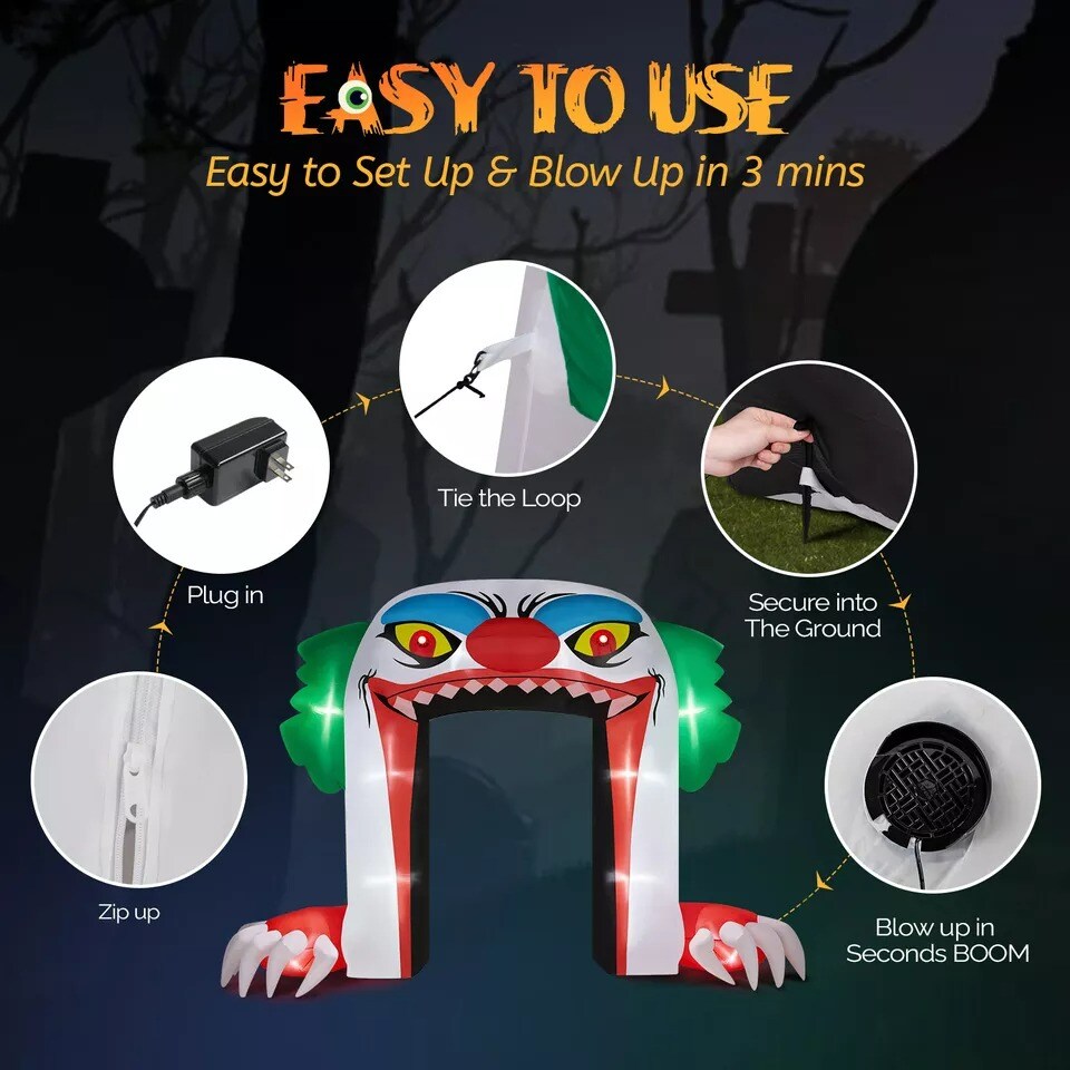 9FT Halloween Inflatable Scary Giant Clown Archway Decorations with Built-in LED