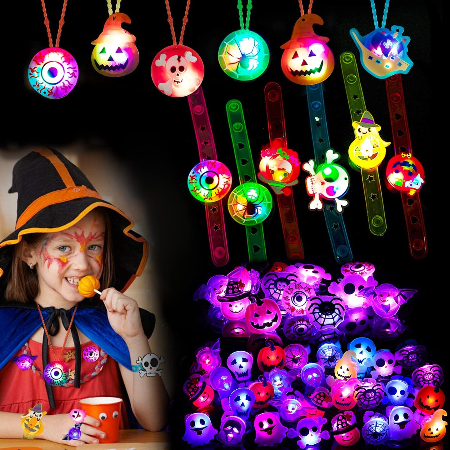 Halloween Party Favors for Kids 54 Pack Light Up Halloween Toys Flash Rings Necklaces Bracelets Brooches