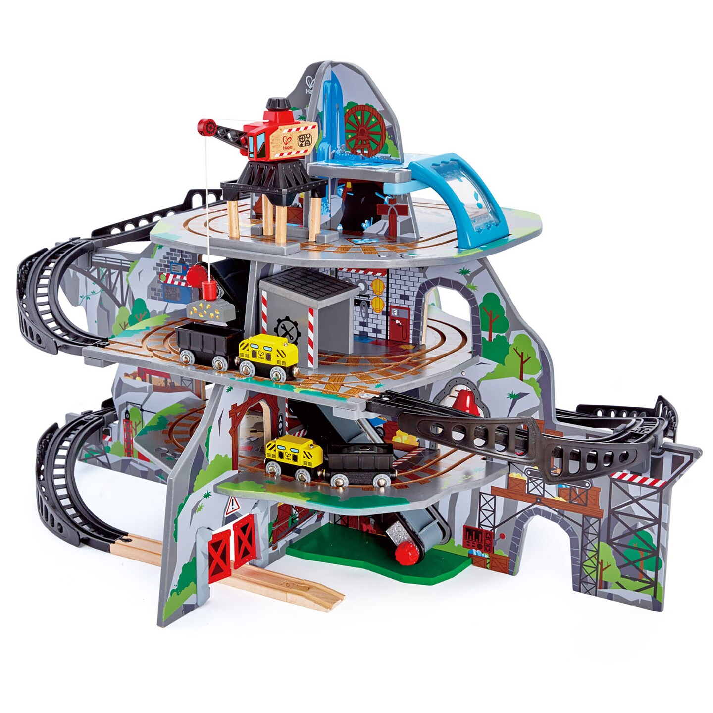 Hape Railway Mighty Mountain Train Set- Multi-Level Play W/ Crane, Conveyor Belt, Bridge