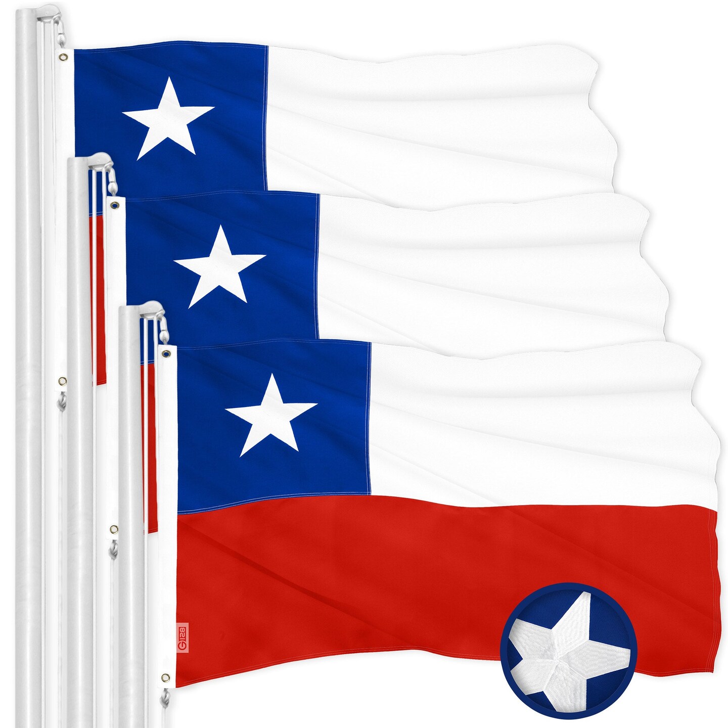 G128 3 Pack: Chile Chilean Flag | 3x5 Ft | ToughWeave Series Embroidered 300D Polyester | Country Flag, Embroidered Design, Indoor/Outdoor, Brass Grommets