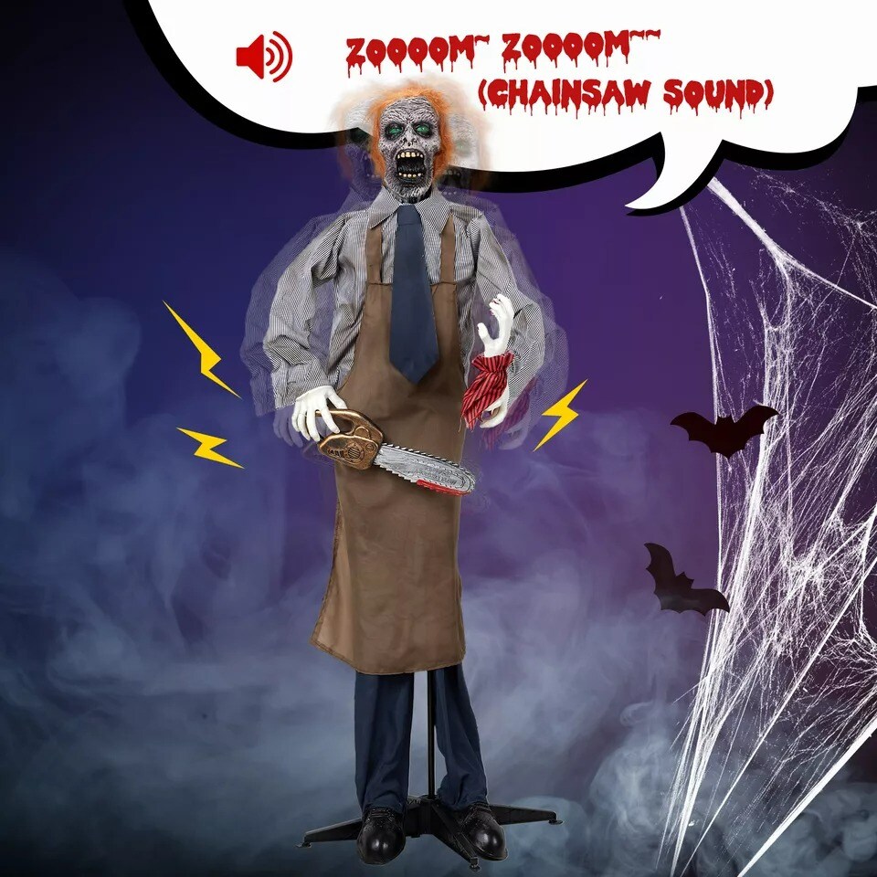5.7FT Halloween Outdoor Spooky Decoration Talking Chainsaw Man, Glowing Eyes