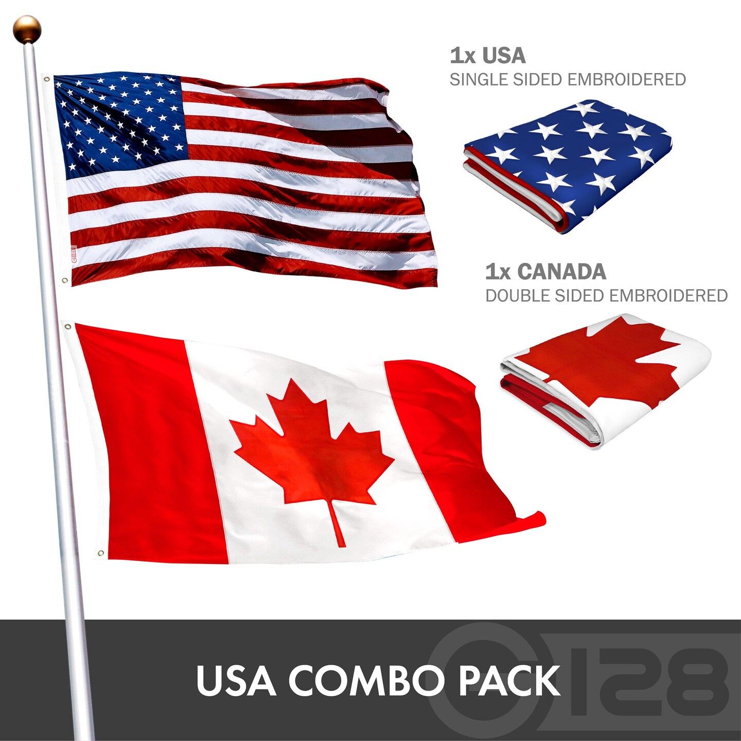 G128 Combo Pack: USA American Flag &#x26; Canada Canadian Flag 2x3 FT Double Sided Embroidered Indoor/Outdoor, Vibrant Colors, Brass Grommets, Quality Polyester