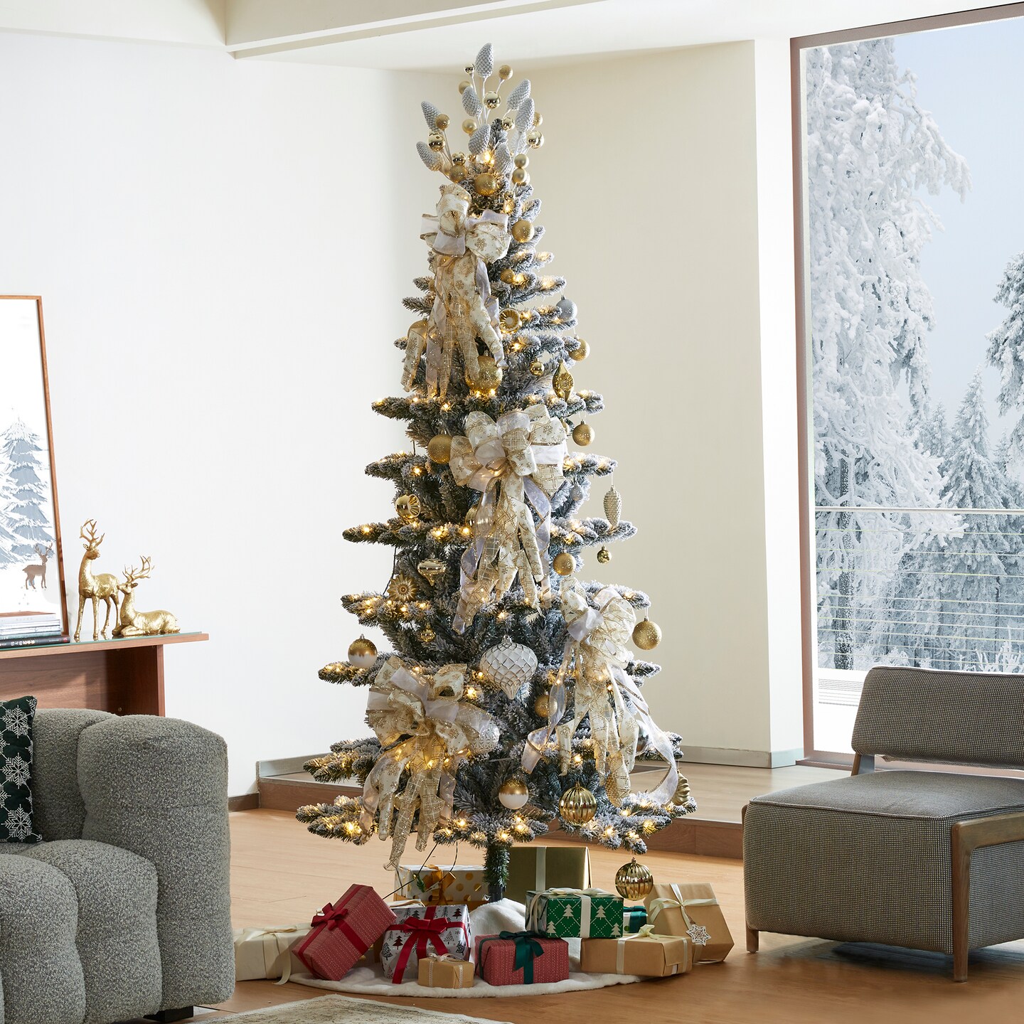 7.5FT/9FT Pre-Lit Flocked Slim Spruce Artificial Christmas Tree with 320/460 Warm White Lights,3 Function