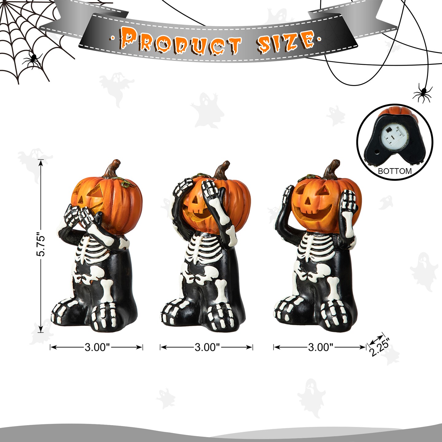 Set of 2 5.75"H 3pcs Halloween Resin Skeleton Pumpkin Table Decor