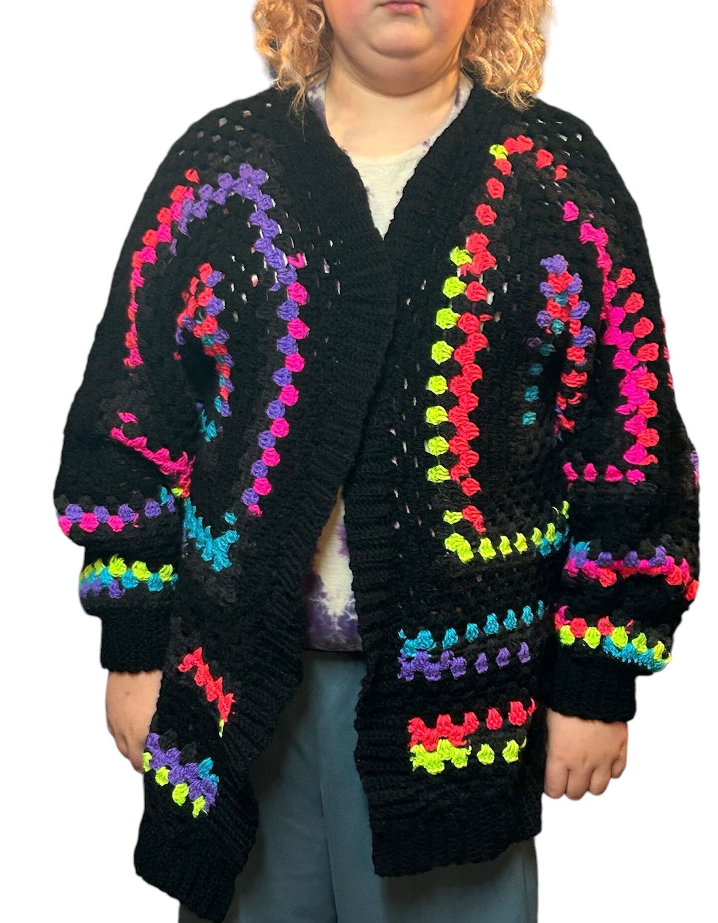 Hand Crochet Hexagon Cardigan, Women's Plus Size XXL XXXL, Black