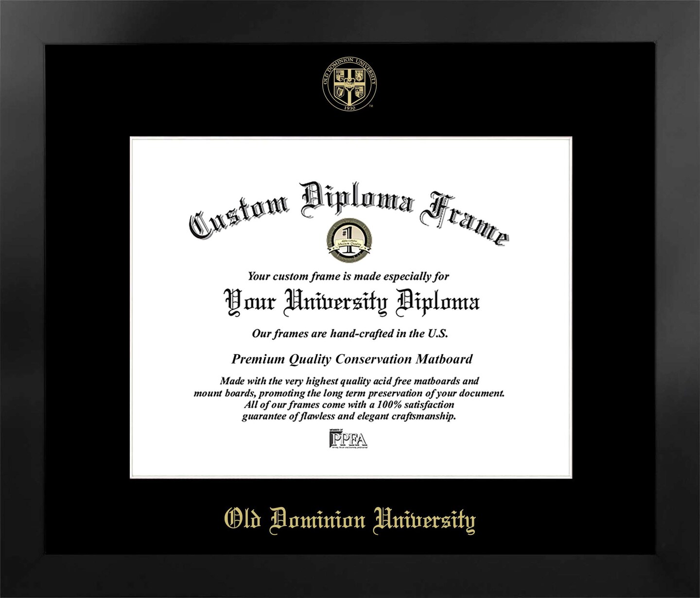 Old Dominion 14w x 11h Manhattan Black Single Mat Gold Embossed Diploma Frame with Bonus Campus Images Lithograph (value savings at $59)