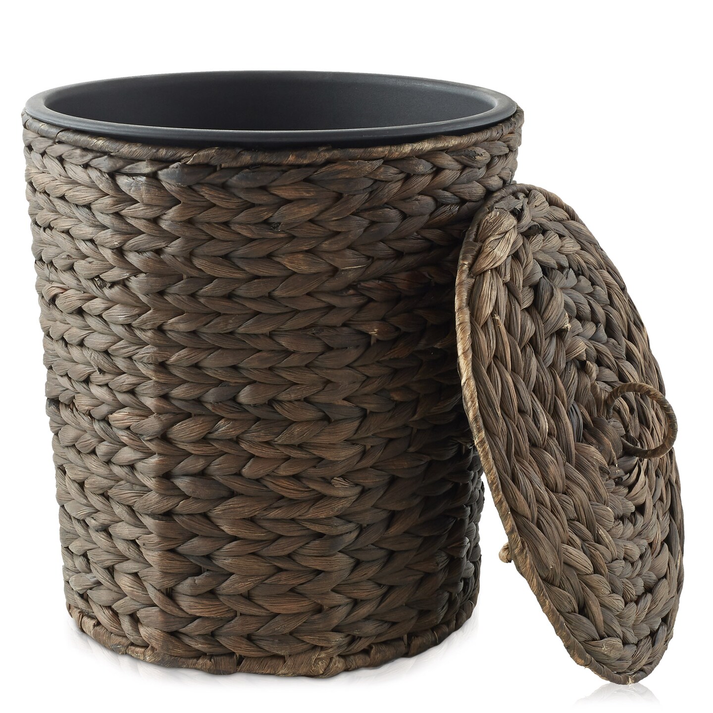 Casafield Water Hyacinth Trash Can with Lid and Liner, Woven Wicker Waste Basket for Bathroom, Bedroom, Laundry Room, Home Office