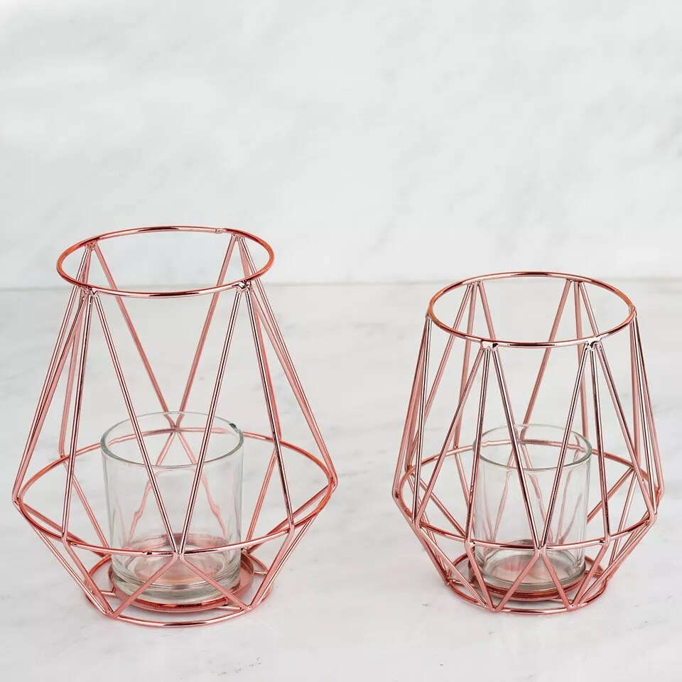 2 pcs 7&#x22; tall Rose Gold Geometric Design Metal Tealight Holders Wedding Lanterns