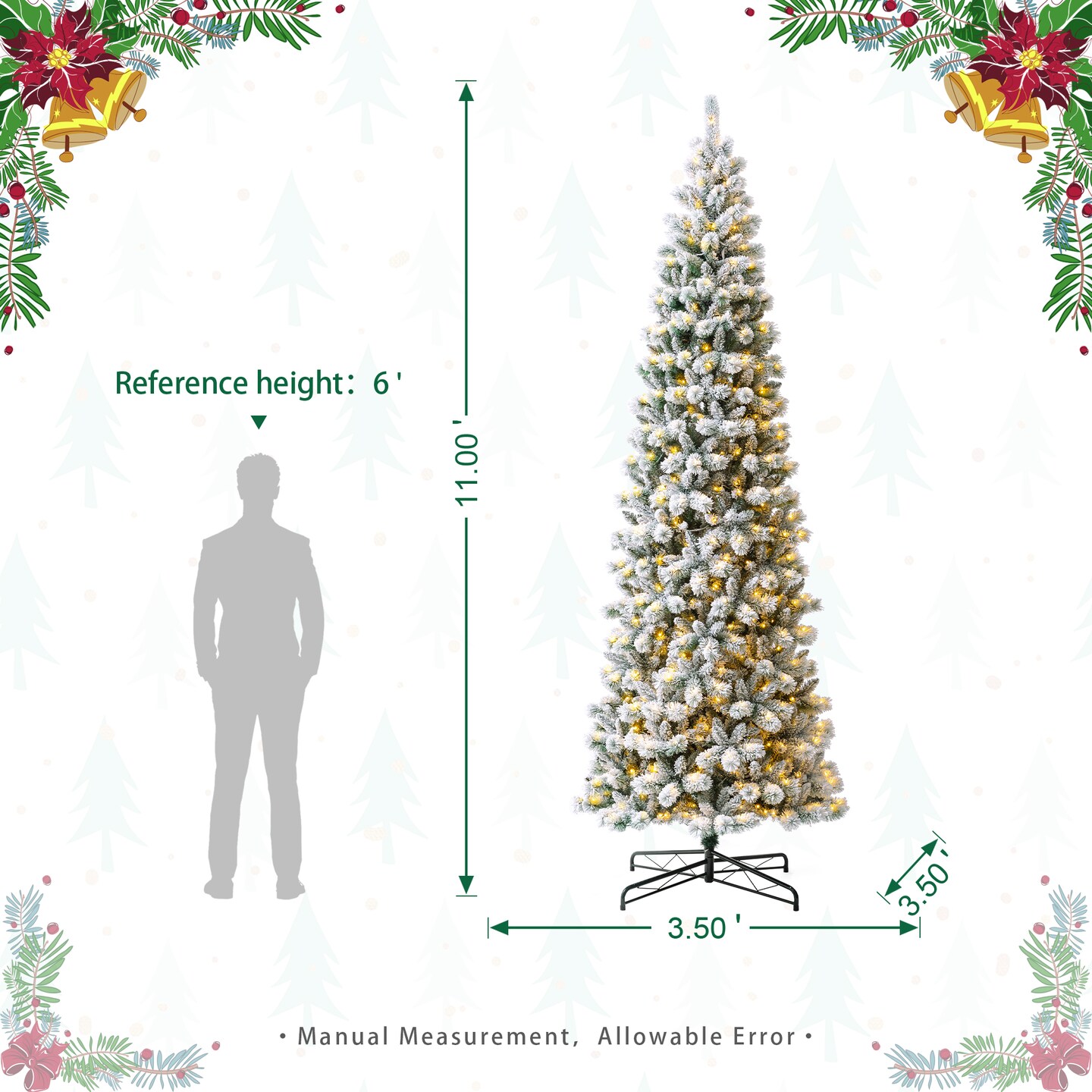 11FT/9FT/7.5FT Pre-Lit Flocked Pine Artificial Christmas Pencil Tree with LED Lights, 9 Functional Warm White/Multi-color, remote controller