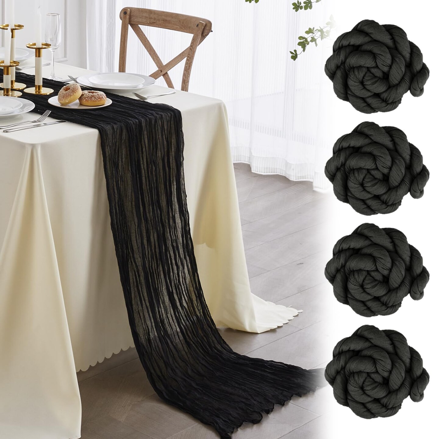 Nialnant 4 Pack Black Table Runners 35 x 160 Inch Cheese Cloth Table Runner for New Year Party Birthday Party Wedding Decor Arch Draping Halloween Table Decoration