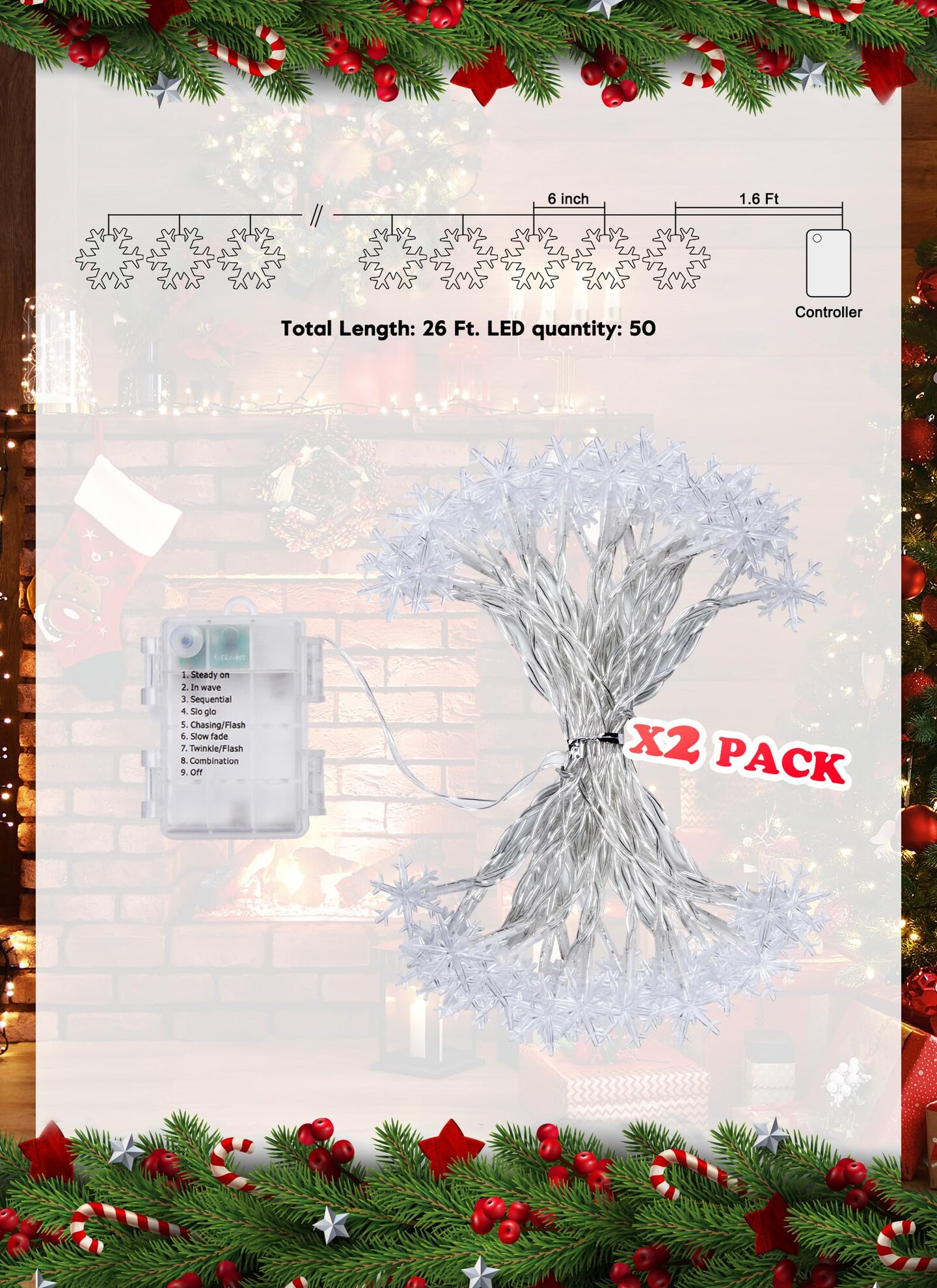 Christmas Snowflakes Light, Snowflakes Holiday Lights with Battery Operated, Waterproof Shatterproof Snowflake Decorative Xmas Fairy Lights for Outdoor Xmas Decor (Pure White, 2 Pack)