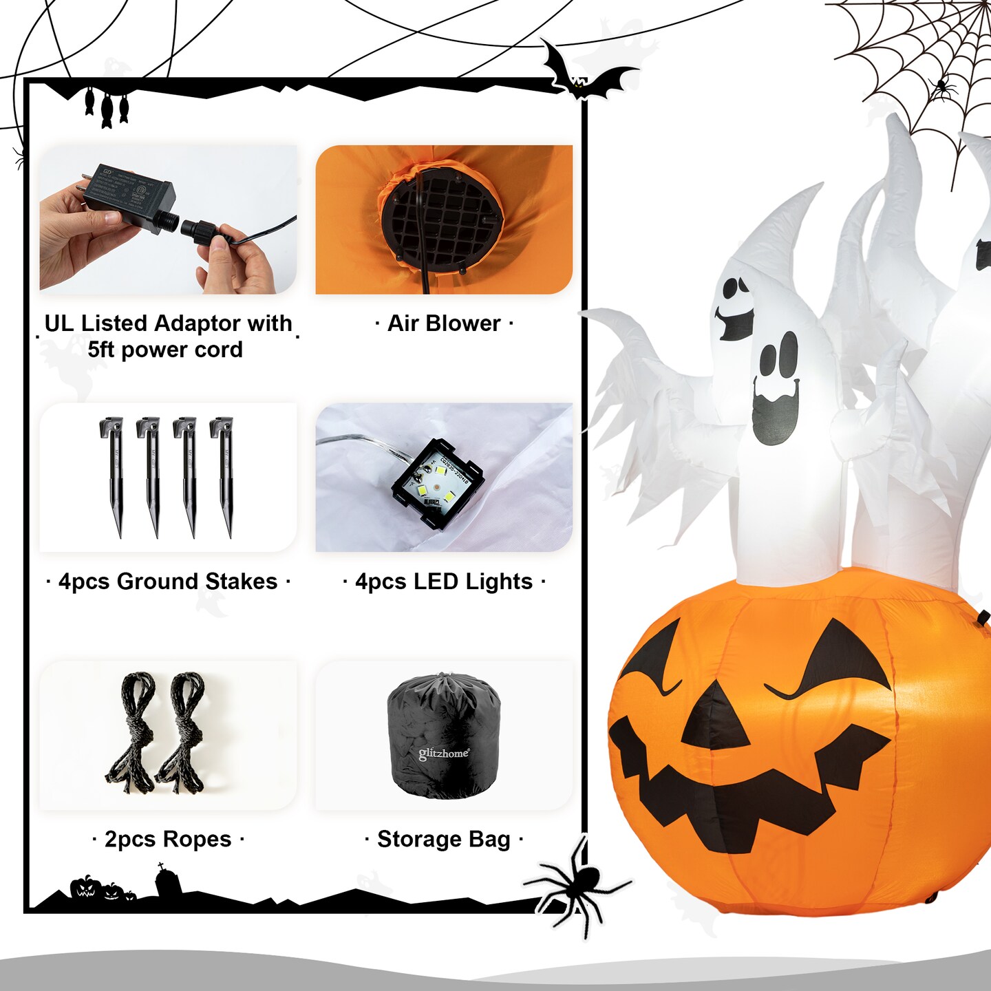 Set of 2 6FT Lighted 3 Ghosts In Jack-O-Lantern Pumpkin with Scream Inflatable Decor