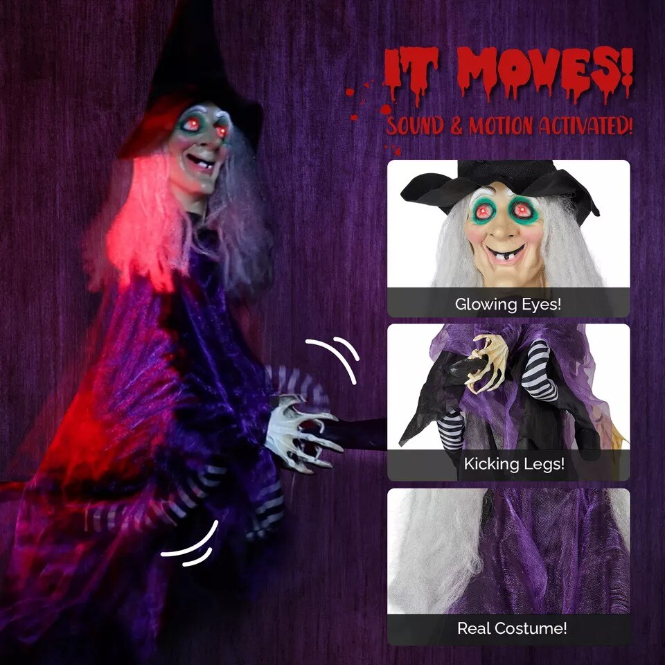3FT Halloween Outdoor Spooky Decoration Talking Glowing Eyes Witch with Broom