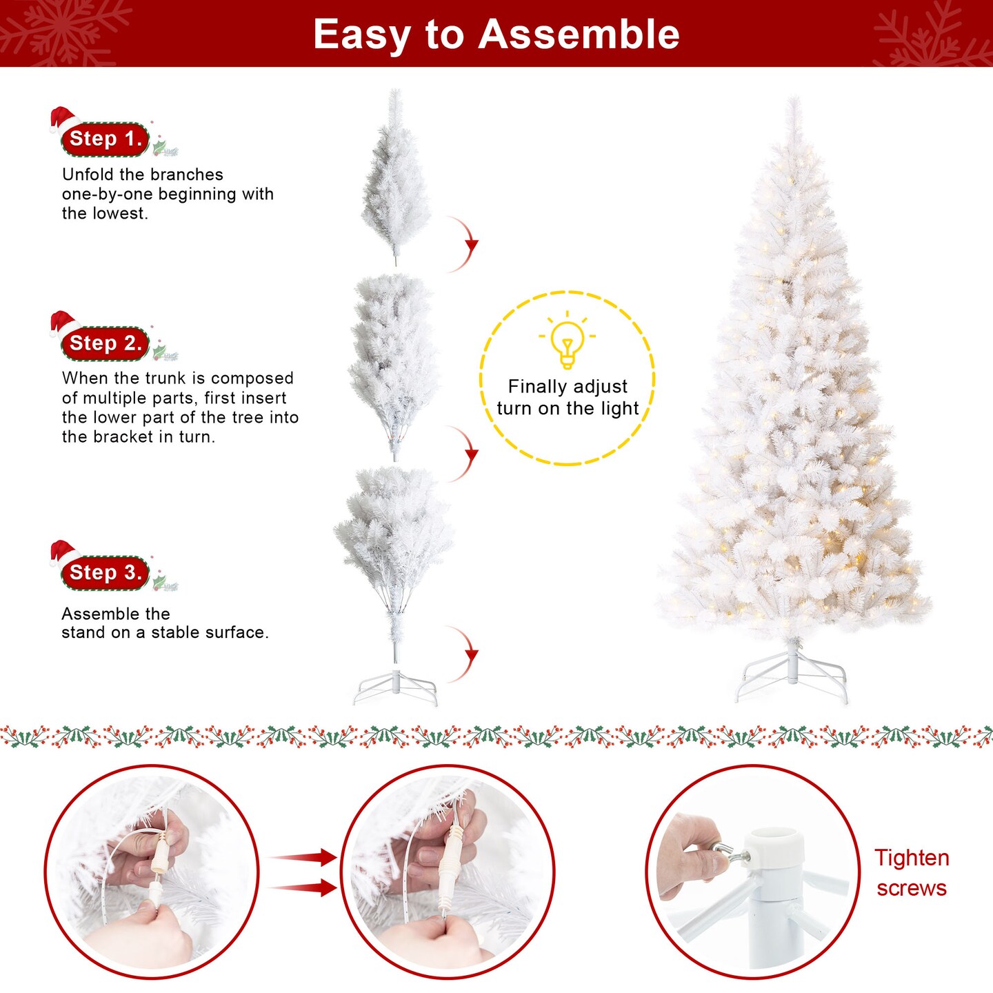 8ft Pre-Lit White Pine Full-size Artificial LED Christmas Tree With Remote Controller, Three Function