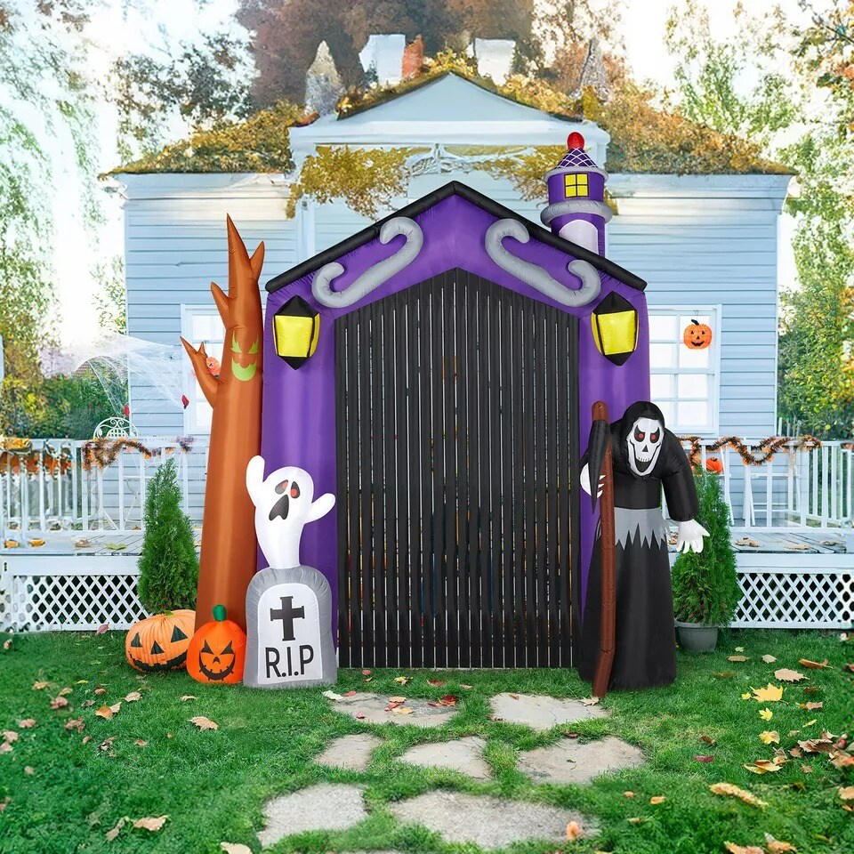 10FT Halloween Inflatable Haunted House Castle Arch Decoration w/ Build-in LEDs