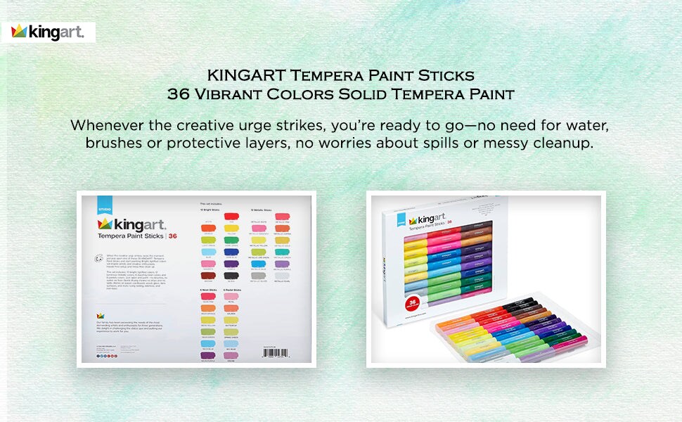 KINGART&#xAE; Tempera Paint Sticks, 36 Vibrant Colors Solid Tempera Paint for Kids, Super Quick Drying, Works Great on Paper Wood Glass Ceramic Canvas