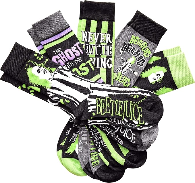 Beetlejuice The Ghost With The Most Men&#x27;s Crew Socks 5 Pair Pack