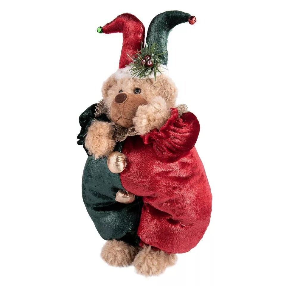 16" Jester Bear Doll, Bear Clown Doll, Bear Christmas Figurine, Red & Green