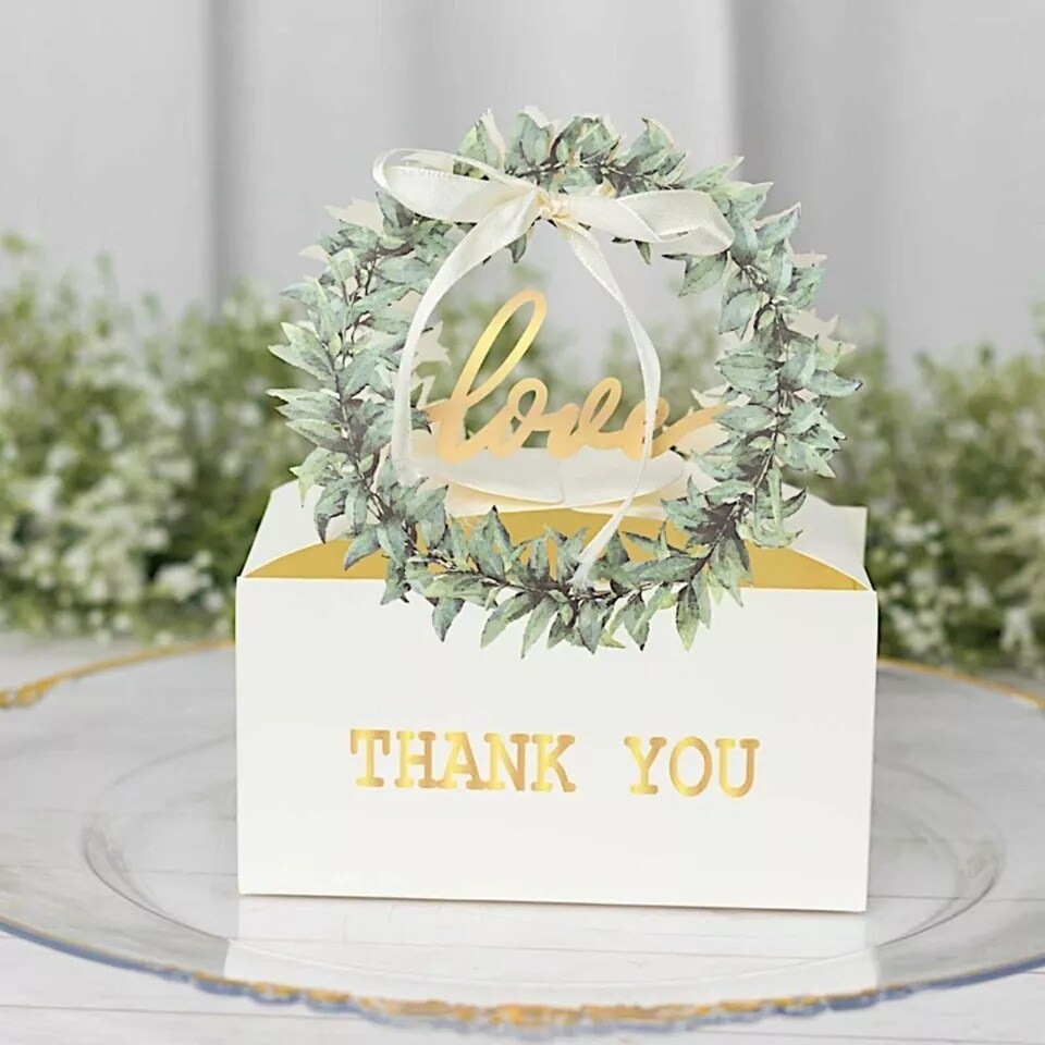 25 White Love Wreath Party Favor Gift Boxes with Ribbon Party Supplies