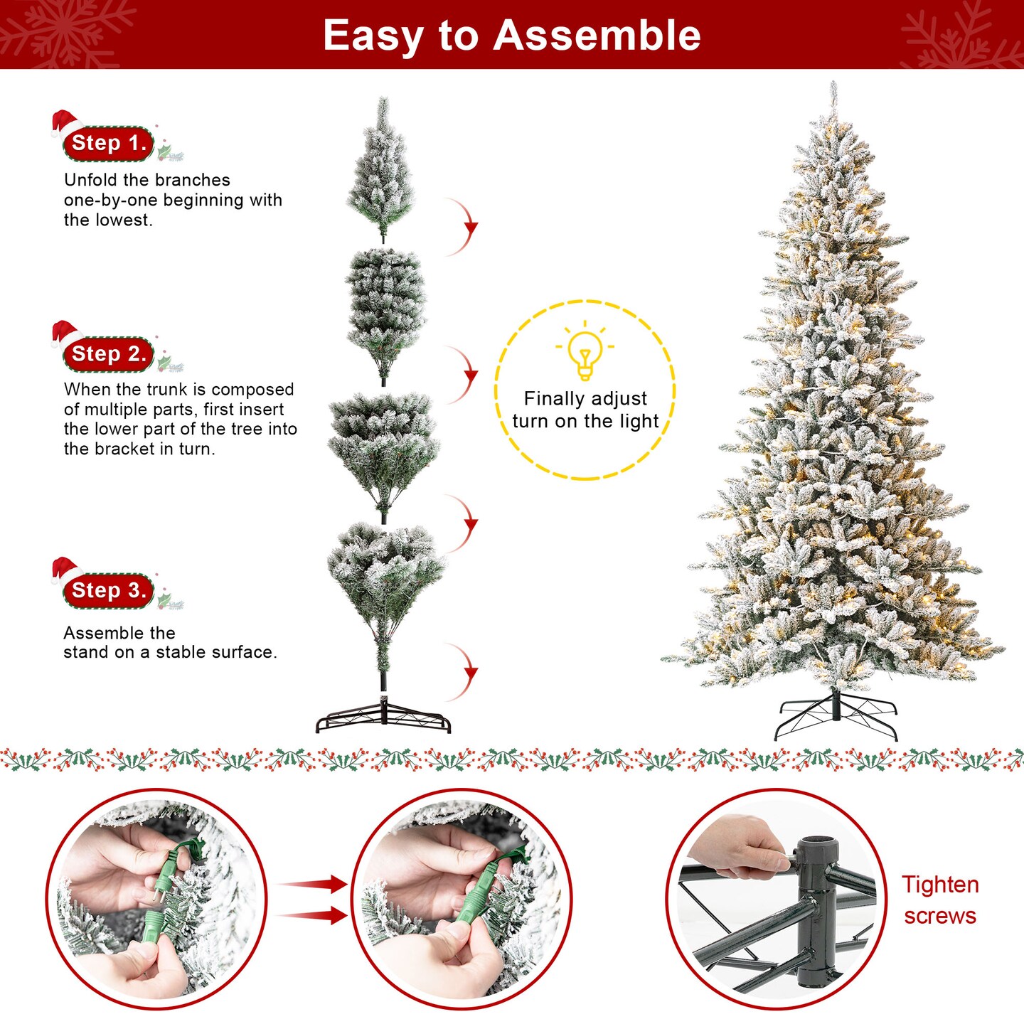 11FT/10FT Pre-Lit Full-size Flocked Fir Artificial Christmas Tree With Warm White Lights, With Remote Control