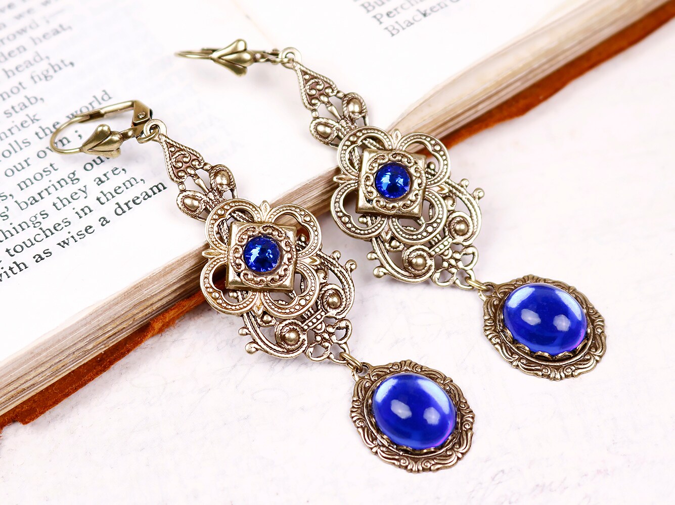 Antiqued Brass Filigree Earrings With Sapphire Blue Crystal Stones, Victorian Bridal Jewelry, Medieval Ren Faire