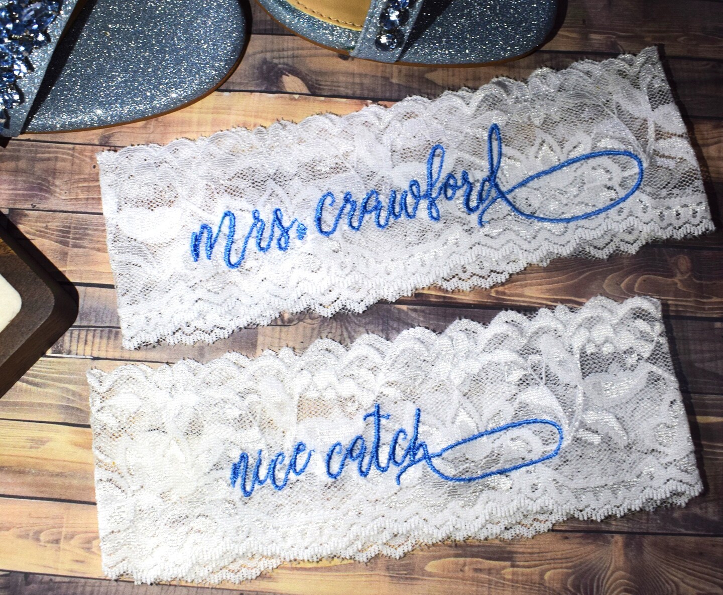 Wedding Garter Set Or Single, Personalized, Something New Or Blue, White Ivory Lace, Nice Catch You're Next Toss Bridal | 31.5 in