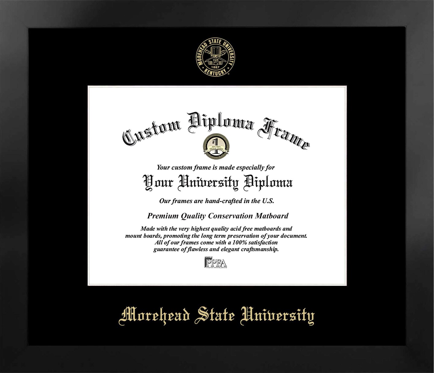 Morehead State University 11w x 8.5h Manhattan Black Single Mat Gold Embossed Diploma Frame with Bonus Campus Images Lithograph (value savings at $59)