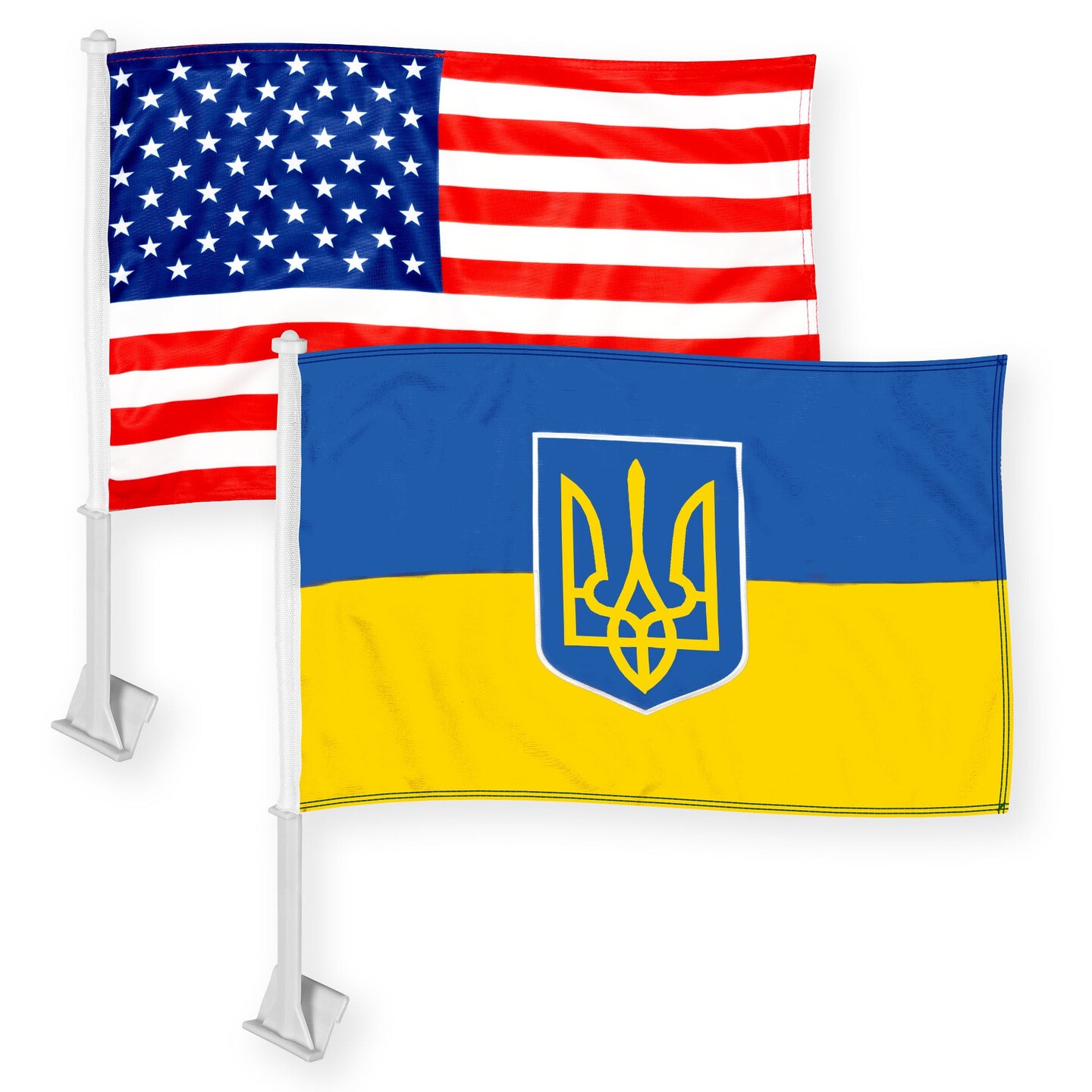 G128 Combo Pack: American USA Car Flag &#x26; Ukraine Ukraine Coat of Arms Car Flag 11x17 In | Both Double Sided Printed 150D Polyester | Flagpole Included | Perfect for Festival Celebrations, Parades