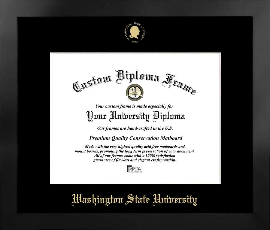 Washington State University 11w x 8.5h Manhattan Black Single Mat Gold Embossed Diploma Frame with Bonus Campus Images Lithograph (value savings at $59)