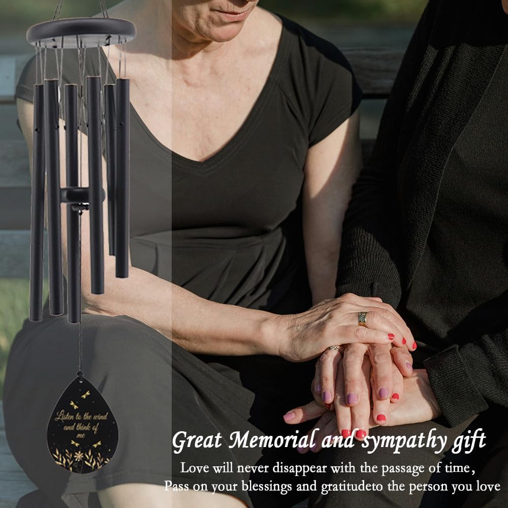 Memorial Sympathy Wind Chimes for Outside, Dragonfly Wind Chimes for Loss of Loved One Mother Father for Bereavement/Condolence/Funerary Gift Idea,32inch Wooden,Black
