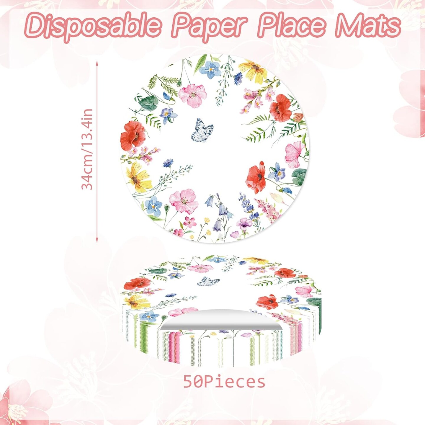 Paper Placemats Disposable 50 Pack Spring Flowers Place Mats 13.4 Inch Round Decorative Butterfly Wildflower Table Mats for Spring Birthday Bridal Wedding Party Supplies