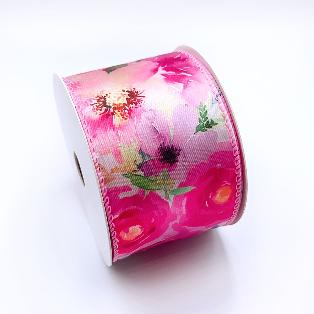 Designer's Shop WR 63-5199 Spring Summer Pink-Red Wild Rose floral and green leaf on white satin wired edge ribbons, 2.5" x 10 yards