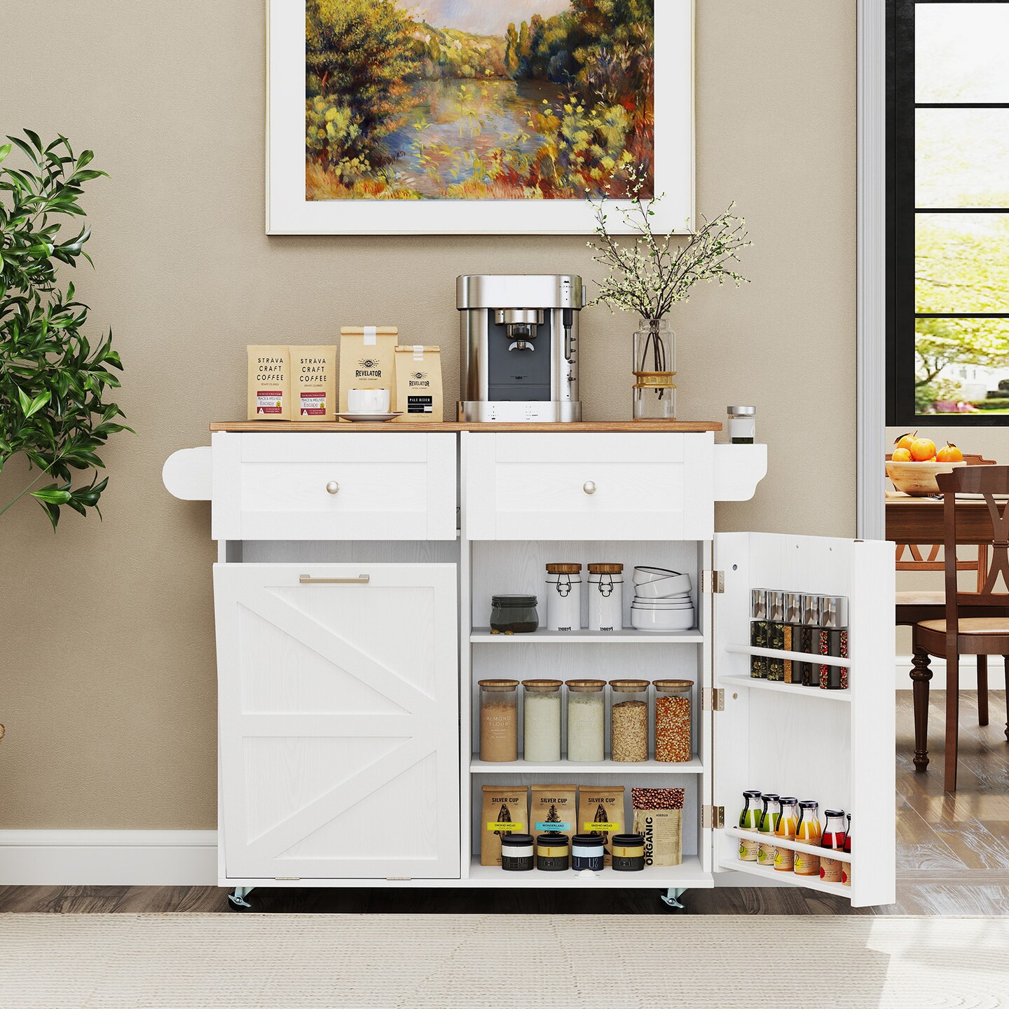 MDF Kitchen Island Cart with Drop Leaf, Trash Cabinet, Drawers and Lockable Wheels