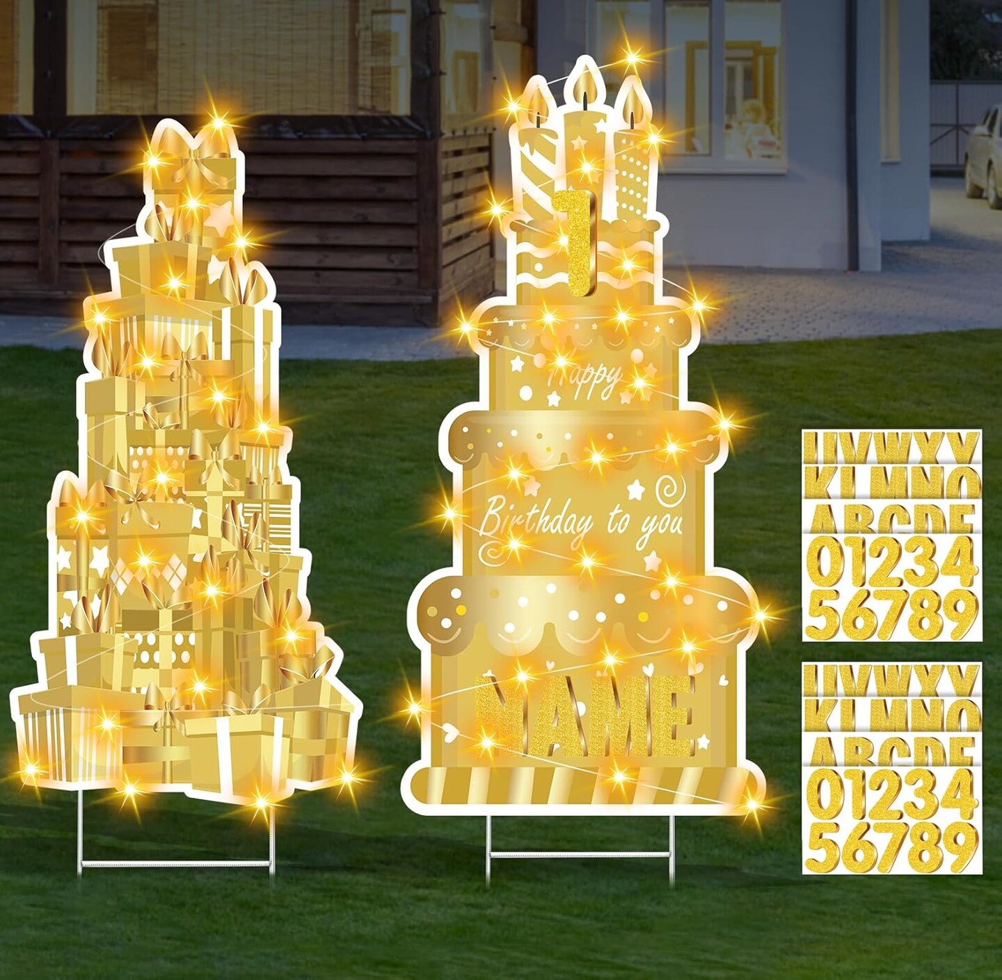 Happy Birthday Yard Sign with Stakes for Birthday Decor LED Lights White Gold Birthday Lawn Sign 27.6&#x22; Large Personalized Signs with Number Letter Stickers for Celebrations Birthday Party Decoration