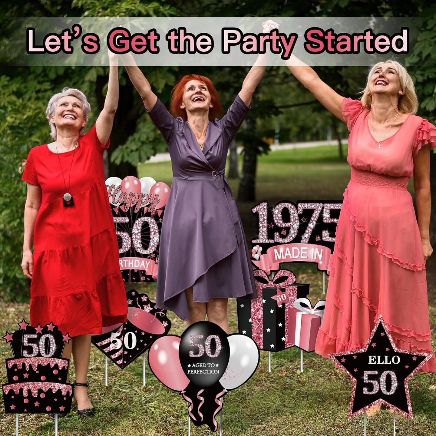 7Pcs Rose Gold 50th Birthday Yard Sign Decorations for Women,Happy 50th Birthday Made in 1975 Lawn Sign Party Supplies,Fifty Year Old Birthday Outdoor Yard Decor with Stakes