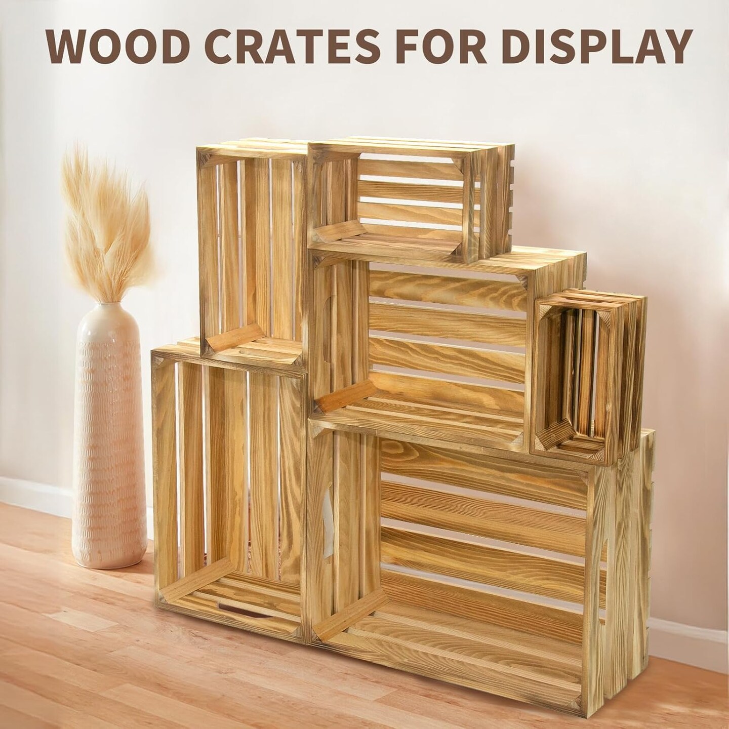 6 Pcs Decorative Wood Crates for Display, 6 Size Large Farmhouse Wooden Basket for Storage Container and Decorations, Rustic Nesting Crates Decor Boxes with Handle