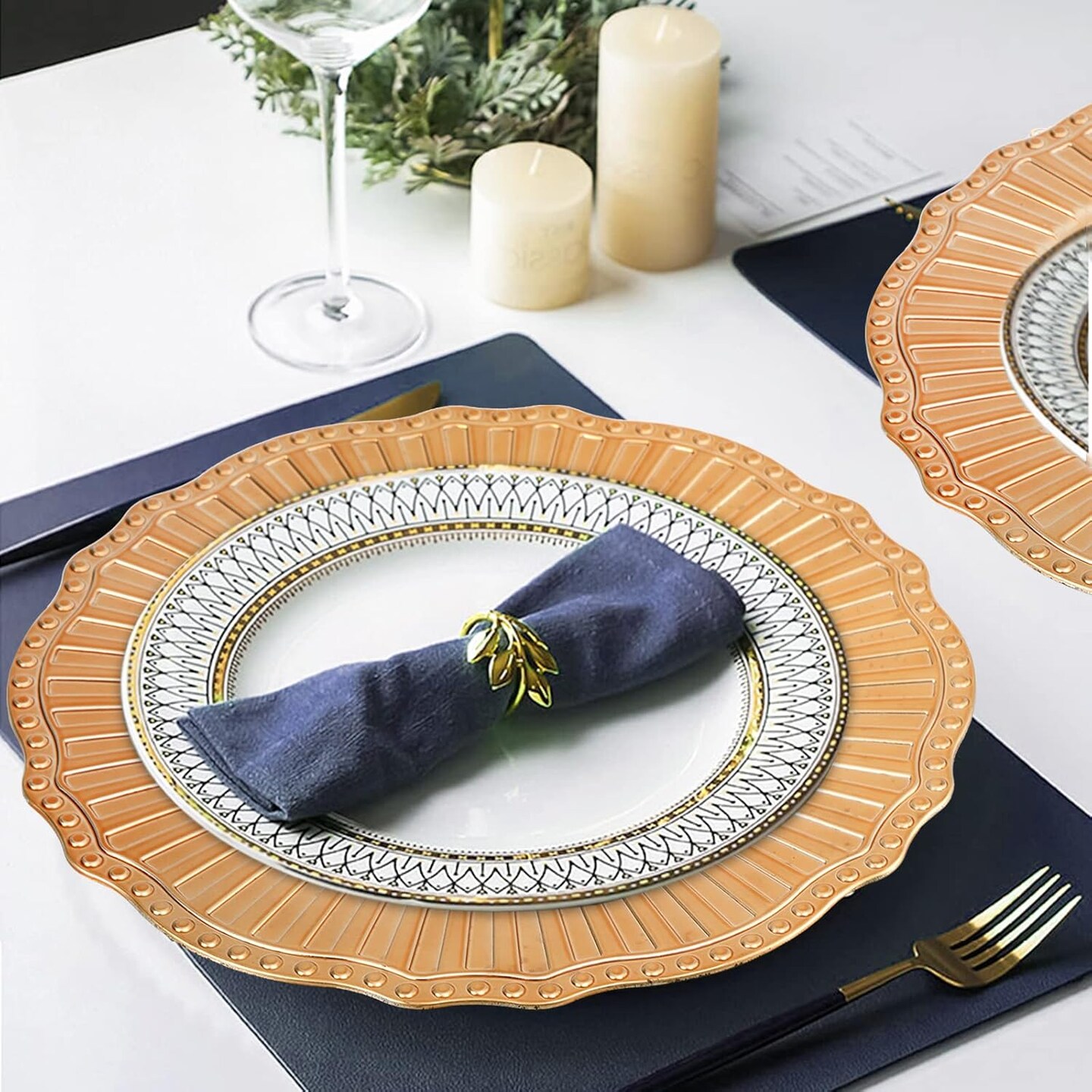 12 Pack Charger Plates, 13Inch Gold Dinner Under Plates, Plastic Round Charger Service Base Plates, Reusable Beaded Server Ware Serving Trays for Wedding, Christmas Dinner Table