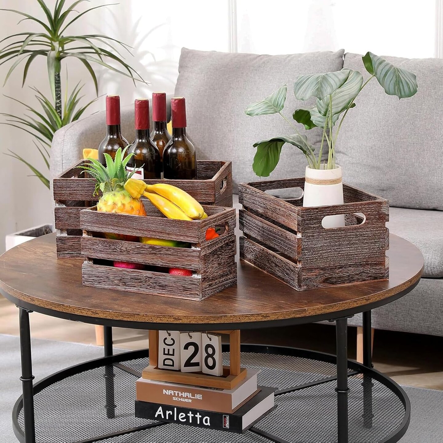 Decorative Wood Crates Nesting Crates Wooden Storage Container for Display,Rustic Handmade for Storage with Handles,Farmhouse Wood Basket for Party,Office,Bedroom,Kitchen,Decor Boxes-Brown Set of 3