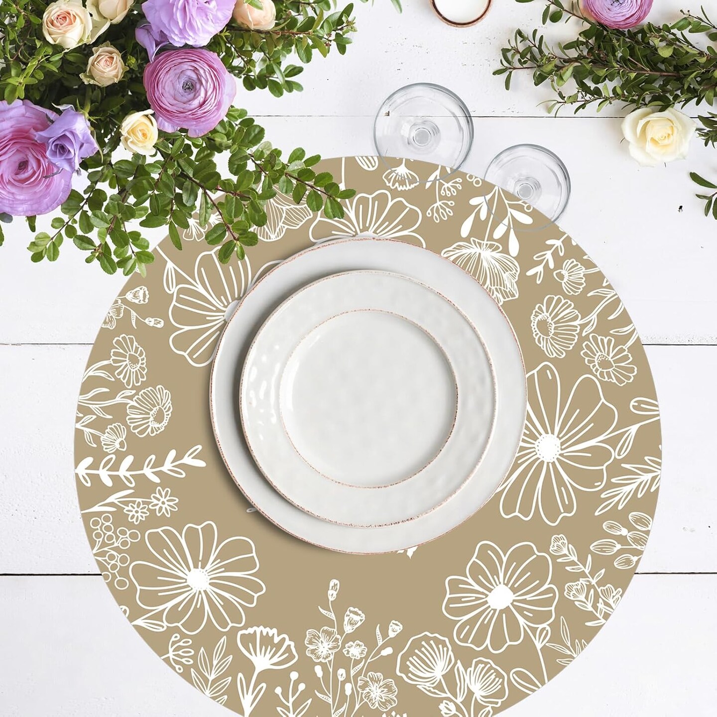 Paper Placemats Disposable 50 Pack Beige Bloom Flowers Place Mats 13.4 Inch Round Spring Floral Table Mats for Dinner Table Setting Birthday Wedding Spring Party Supplies