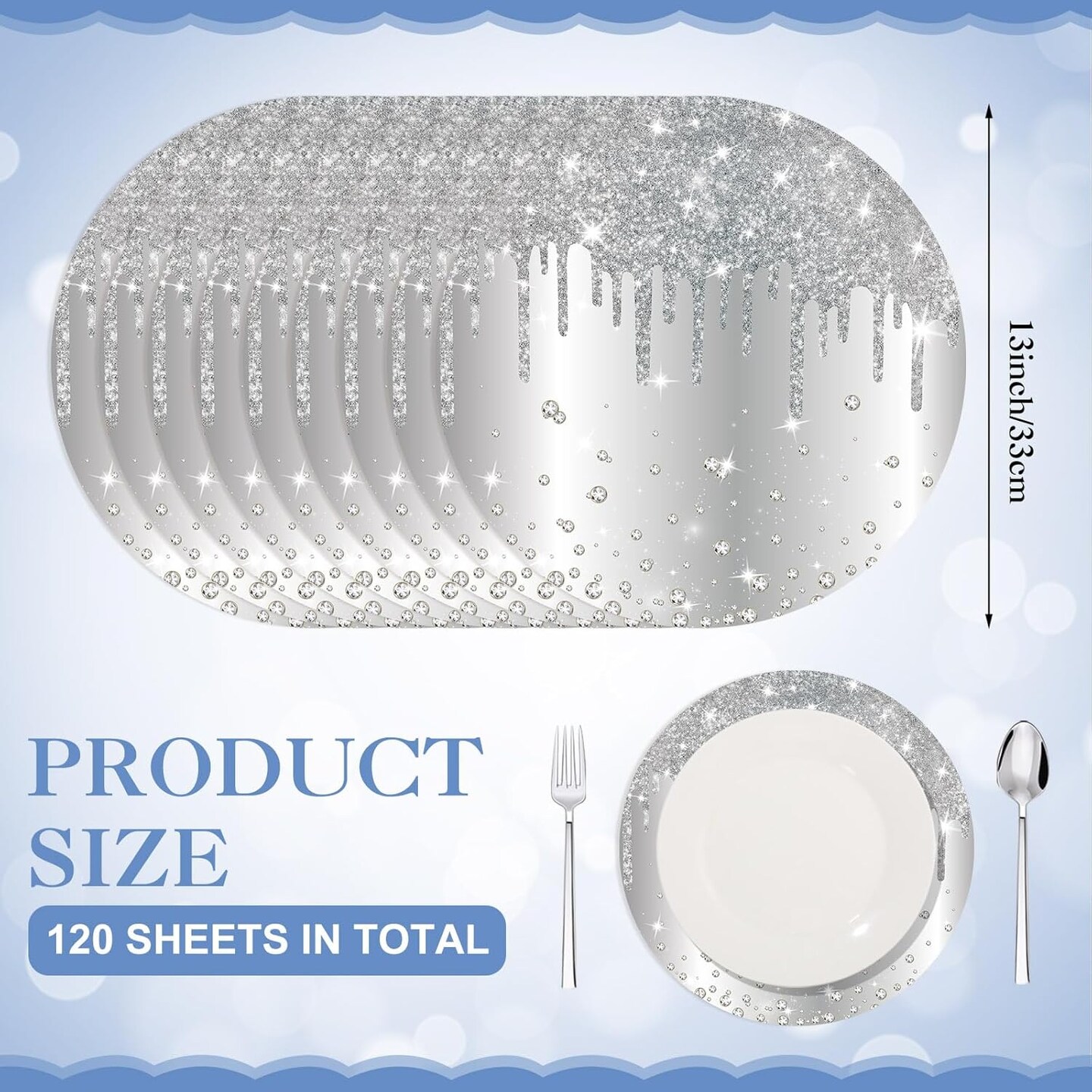 120 Pieces Silver Paper Placemats Glitter Diamonds Round Disposable Table Mats Decorative Paper Mats for Dining Wedding Birthday Silver Glitter Banquet Party, 11.8 Inch