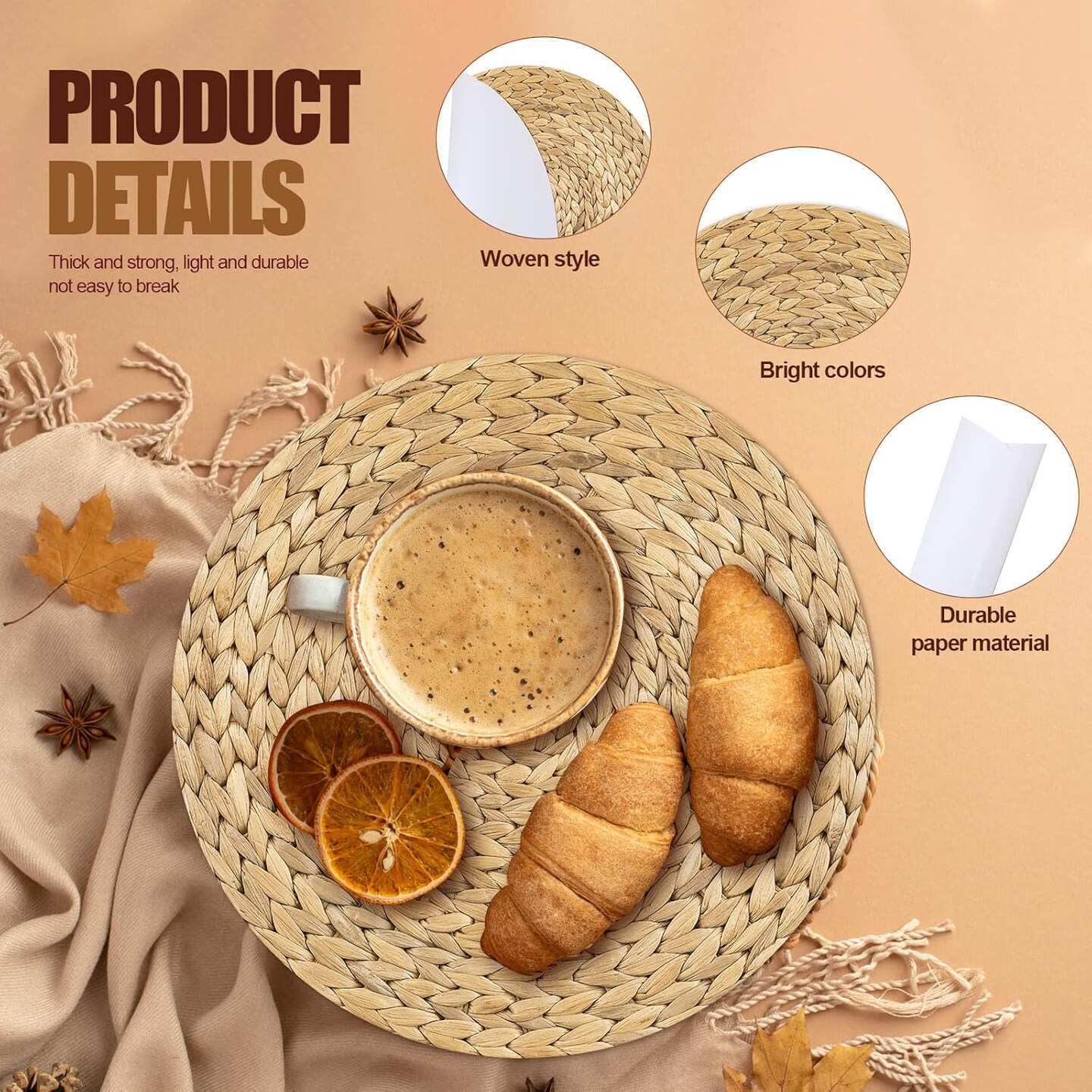 100 Pcs Disposable Printed Woven Paper Placemats Bulk 11 Inch Round Wicker Printed Chargers Place Mat Farmhouse Braided Rattan Tablemats